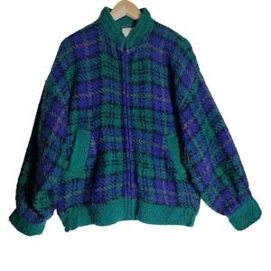 Vintage Boyne Valley Weavers Jacket Womens Size Med Green & Blue Plaid
